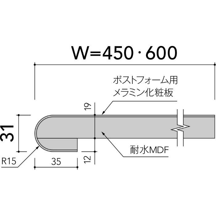 即納ポストフォームカウンター NJA6000N3F ホワイト 31mm厚 450mm×2410mm 一般・ワークトップ 丸エッジ 1枚