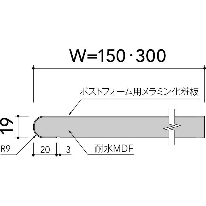 即納ポストフォームカウンター NPA6000G1D ホワイト 20mm厚 150mm×1810mm ライニングカウンター 丸エッジ 1枚