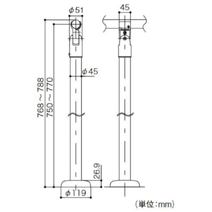BDE-32G BAUHAUS 室内用手すり支柱 スチールタイプ(アジャスト付) ゴールド