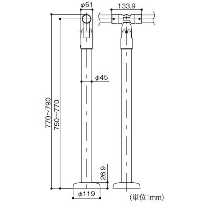BDE-36B BAUHAUS 室内用手すりコーナー支柱 スチールタイプ(アジャスト付) ブラウン