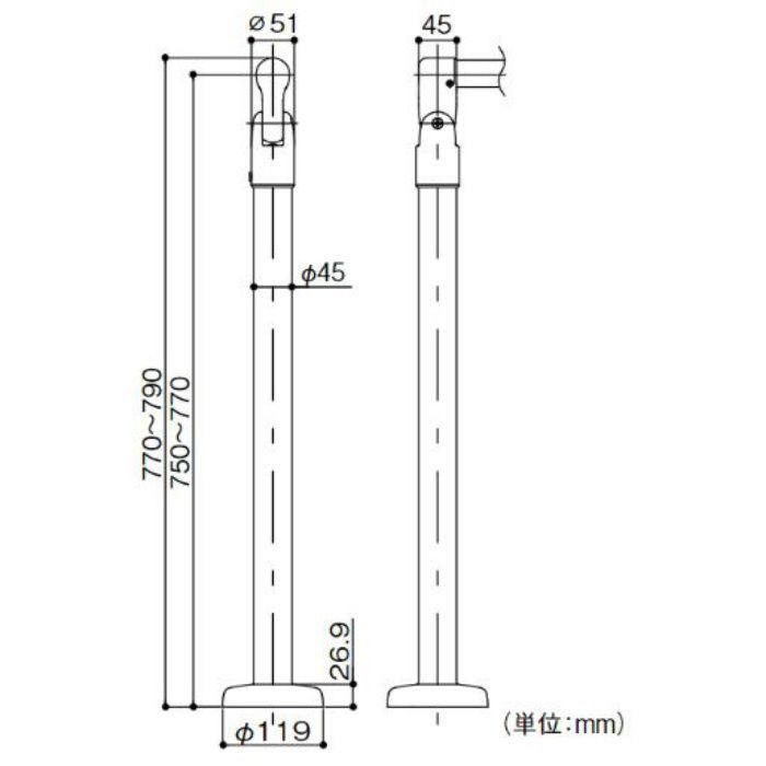 BDE-34G BAUHAUS 室内用手すりエンド支柱 スチールタイプ(アジャスト付) ゴールド