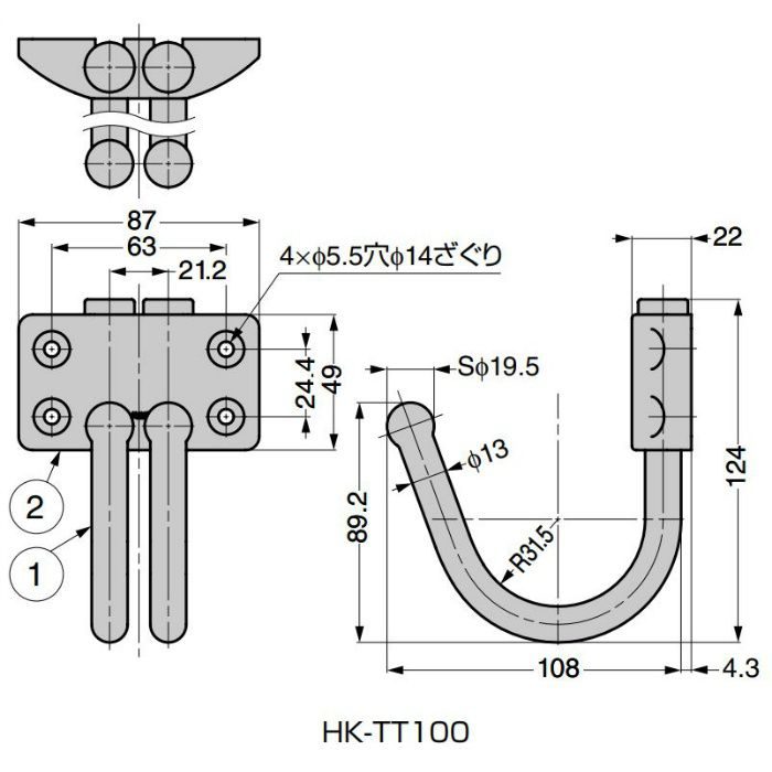 ランプ印 ステンレス鋼製フリクション式玉付ジャンボフック HK-TT型 HK-TT100