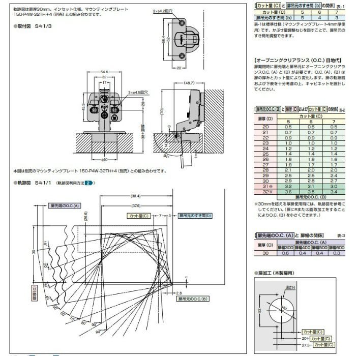 ランプ印 ダンパー内蔵スライド丁番 厚扉用 H151 94°開き インセット H151-C26-0T