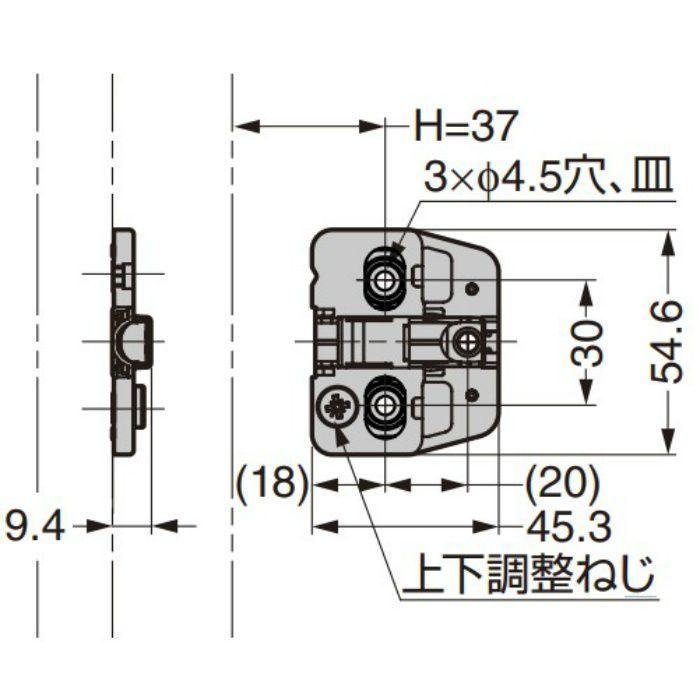 ランプ印 マウンティングプレート 150-P4W-30TH 151シリーズ システム30・3つ穴、0mm厚 150-P4W-30TH