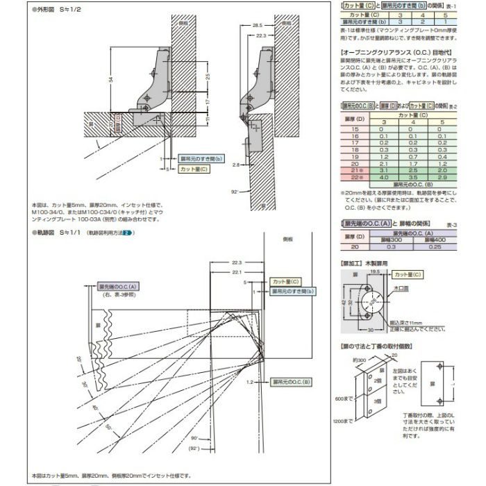 ランプ印 スライド丁番 軽量扉用 M100 90°開き インセット キャッチなし M100-34/0