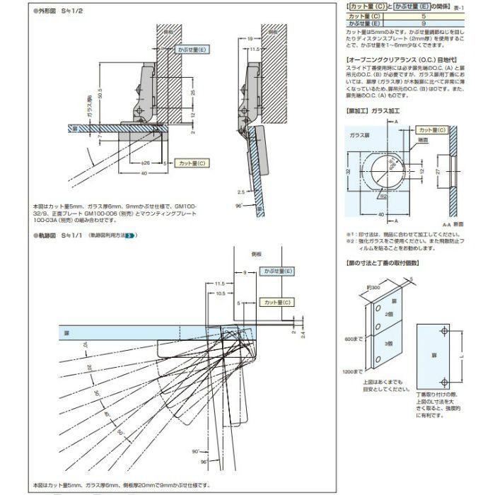 ランプ印 スライド丁番 ガラス扉用 GM100 96°開き 9mmかぶせ キャッチなし GM100-32/9