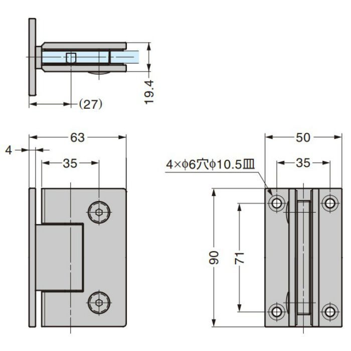 BESTKO ステンレス鋼製ガラスドア用自由丁番 BK012-90型 壁取付タイプ BK012-90SS