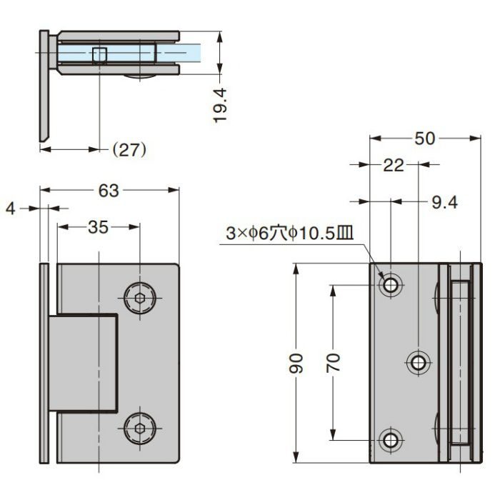 BESTKO ステンレス鋼製ガラスドア用自由丁番 BK012B-90型 壁取付タイプ BK012B-90SS