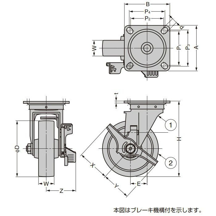 ステンレス鋼製キャスター SUS-SJ型 プレートタイプ SUS-SJ100-UWB