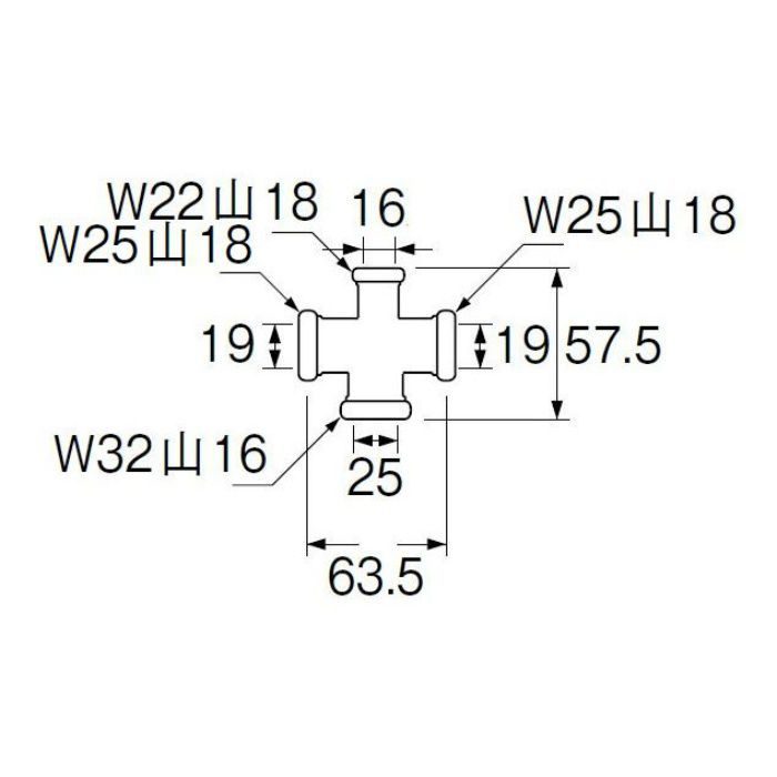 H80-44-16X19X19X25 洗浄管連結異径クロス