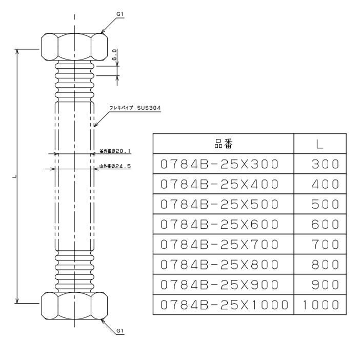 0784B-25X800 水道用フレキパイプ