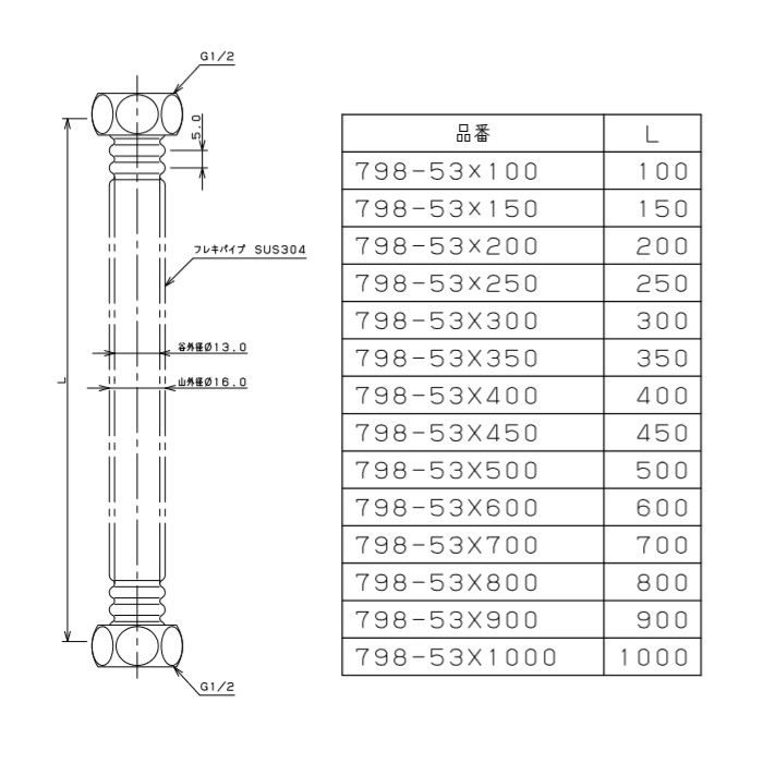 798-53X100 水道用フレキパイプ 13mm カクダイ【アウンワークス通販】