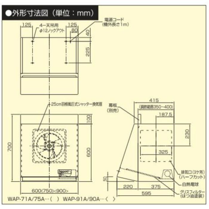 WAP-91A（Ｋ） レンジフード 25cmプロペラファン換気扇タイプ 電気式シャッター式 排気 ブラック