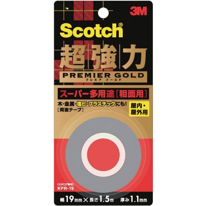 KPR-19 スコッチ 超強力両面テープ プレミアゴールド スーパー多用途 粗面用 19mm×1.5m グレー スリーエム  ジャパン【アウンワークス通販】