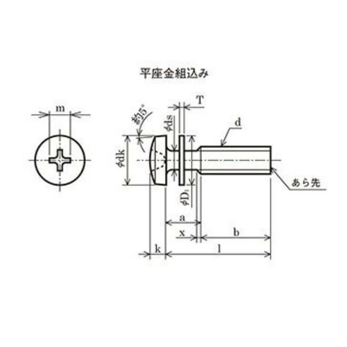 0003010Y060012 十字穴付ナベ小ネジ（平座金組込） 三価クロメート M6×12 500本入