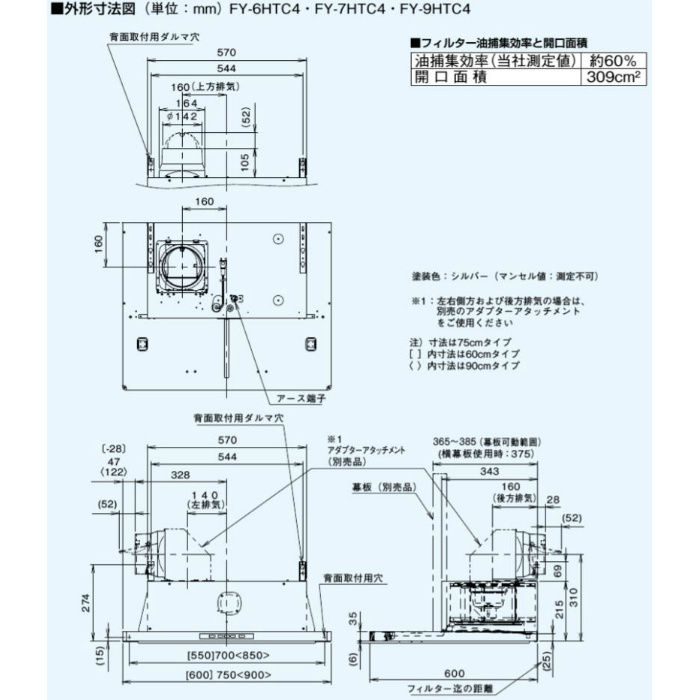 FY-9HTC4-S スマートスクエアフード（大風量形）調理機器連動タイプ 24時間・局所換気兼用（3段速調付）深形置換対応可能 90cm パナソニック 【アウンワークス通販】