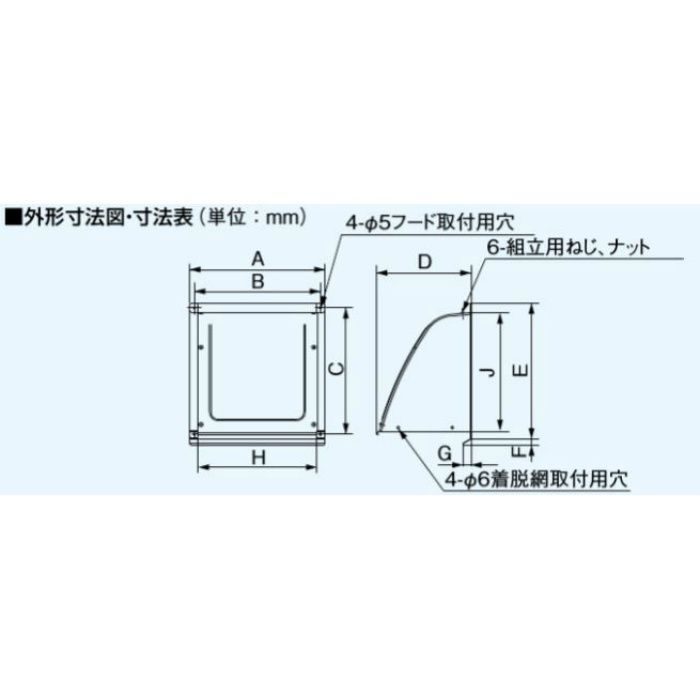 FY-HDX20 換気扇用 屋外フード ステンレス製 着脱網取付可能形・組立式 20cm用