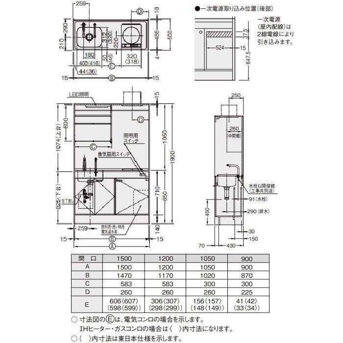 DMK10LKWC2E200R ミニキッチン スタンダード・飲料用電気温水器タイプ フルユニット 巾105cm IHヒーター200V シングルレバー水栓（寒冷地用）右勝手 アンティックホワイト
