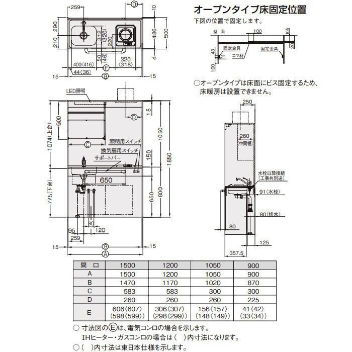 DMK12PGWD1NNR ミニキッチン オープンタイプ フルユニット 巾120cm コンロなし シングルレバー水栓（一般地用）右勝手 アンティックホワイト