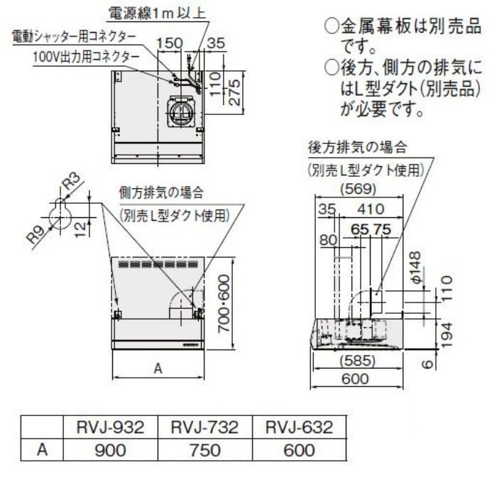 RVJ-932SIR レンジフード RVJシリーズ シロッコファン（富士工業製