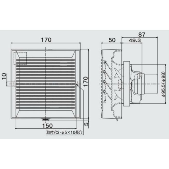 PFS2-100PS パイプ用ファン 強制排気用 風圧式シャッタータイプ（格子パネル） φ100