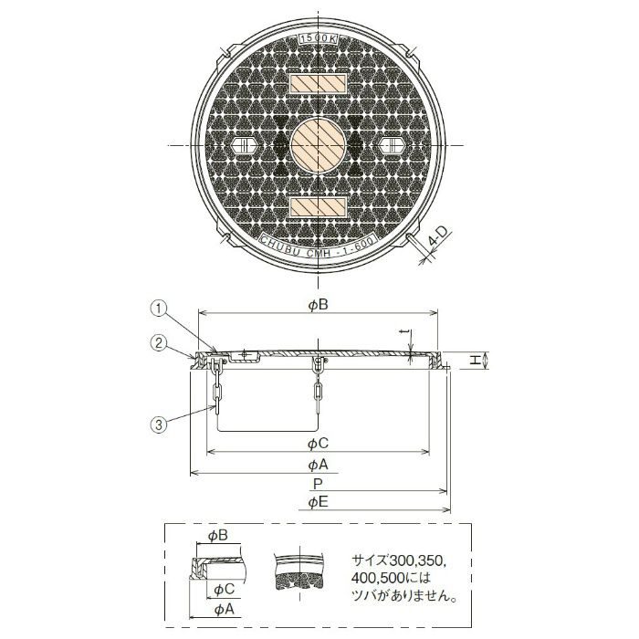 CMHR-2P-300N 軽荷重用 ハイグリップマンホールカバー