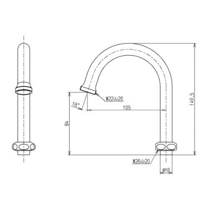 THY214 自在スパウト105mm 先端ねじW22山20付き