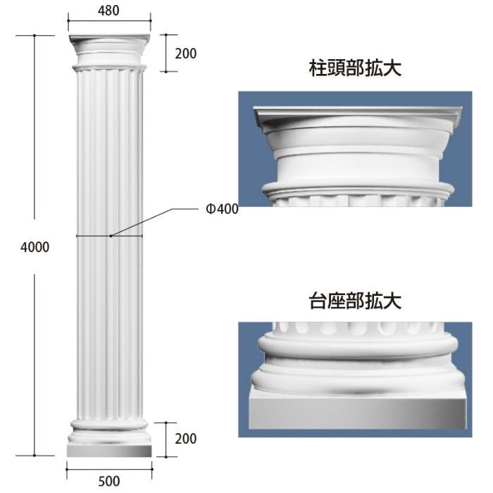 PCC4040 パワーセラ 内装用 円柱（縦溝彫り） 無塗装品 500×200mm 4000mm ガラス繊維強化石膏
