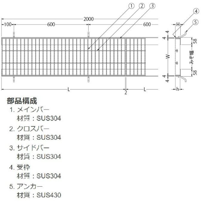 SMG-S-13038 ステンレス製グレーチング 溶接強度向上仕様 プレーンタイプ 横断溝・側溝用 すきま26mm フラットバー T－20  300×994×38mm　フタのみ