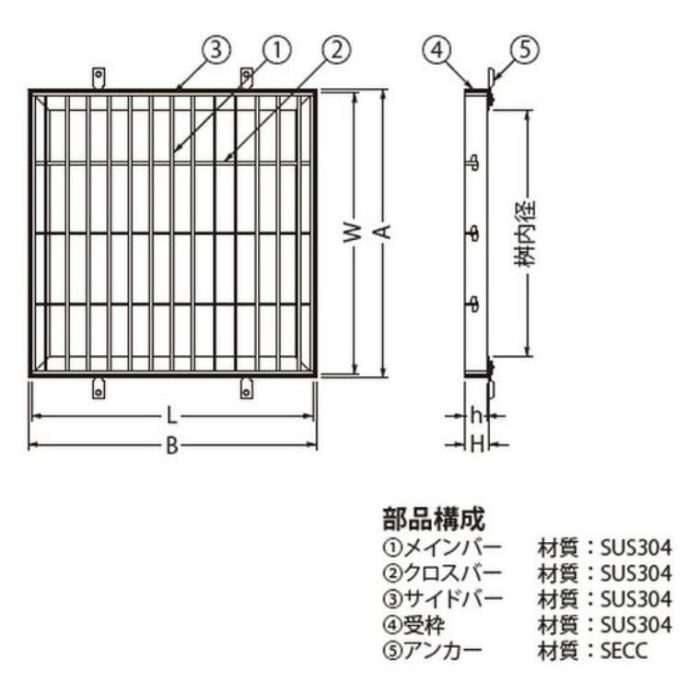 SMW-5550 P=15 ステンレス製グレーチング プレーンタイプ 集水桝用 ピッチ15mm T－20 500×500×50mm　フタのみ