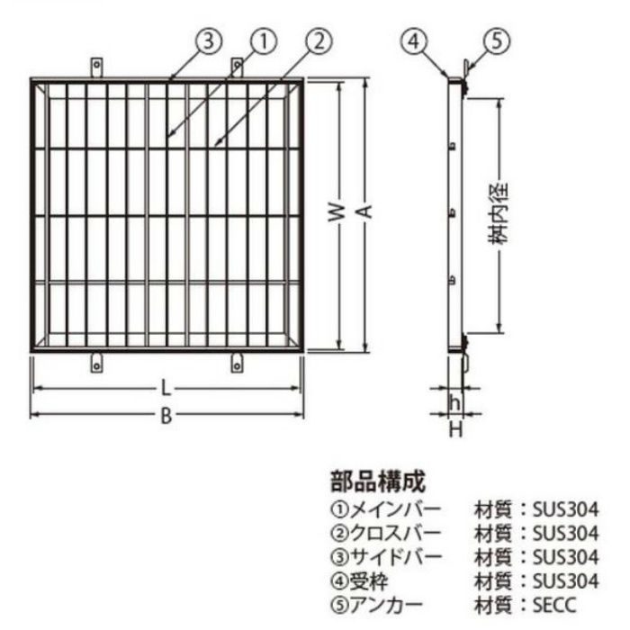 SRQW-4520A P=13 ステンレス製グレーチング 滑り止め模様付 集水桝用 ピッチ13mm 3mmフラットバー 歩行用 450×450×20mm　フタのみ