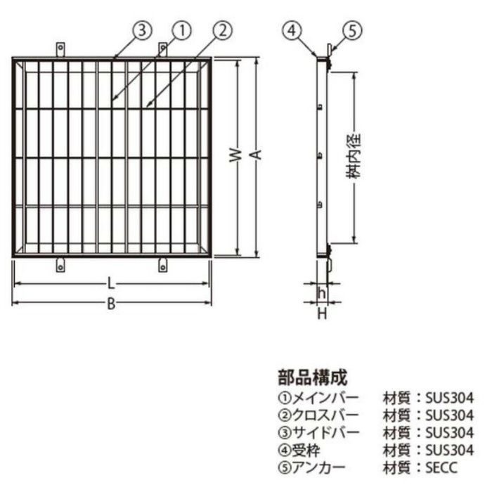 SRW-3315 P=30 ステンレス製グレーチング プレーンタイプ 集水桝用 ピッチ30mm 3mmフラットバー 歩行用 300×300×15mm　フタのみ