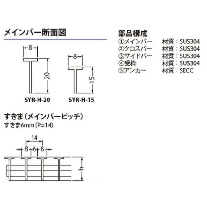 SYR-H-15-250×1000 ステンレス製グレーチング 細目プレーンタイプ 歩道用 すきま6mm 250×998×15mm