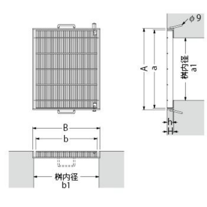 QSF-4438 スチール製グレーチング 110°開閉式 細目プレーンタイプ 集水桝用 T-14・T-6仕様