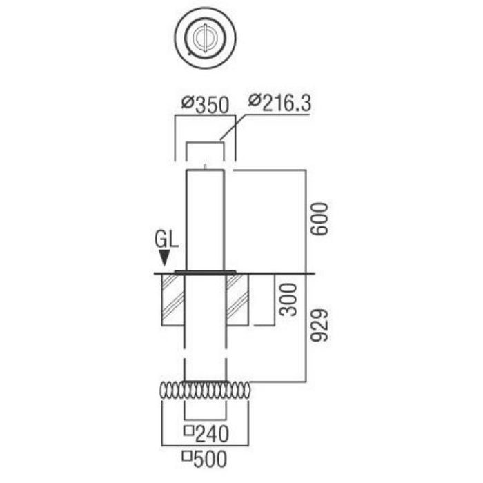 LP-216MU-T ランドポール 車止め ユニコン（重量軽減装置）内蔵タイプ チェーン貫通タイプ ポールロック機構付 埋没式