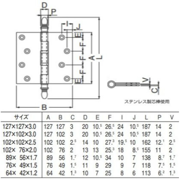 BS-101 ステン バルカン丁番 89×56 金 シロクマ【アウンワークス通販】