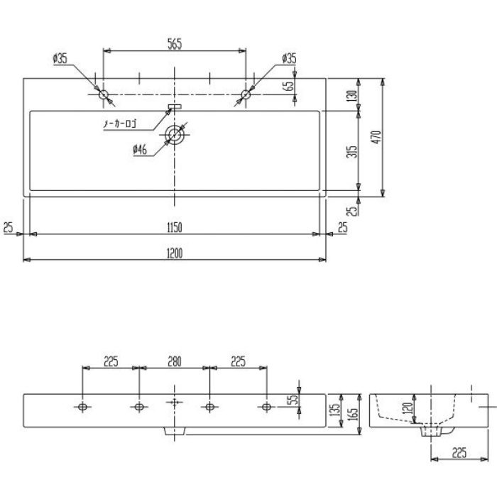 DV235012N-00 洗面器 1200×470mm ホワイト【1穴】 セラトレーディング