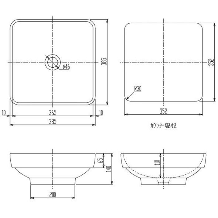 VR4441R 洗面器 385×385mm ホワイト【1穴】