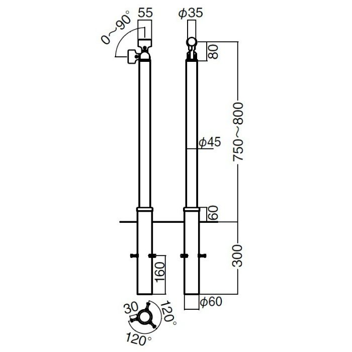 ABR-703UB 支柱（埋込み式） シルバー シロクマ【アウンワークス通販】