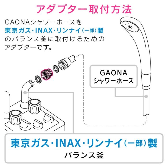 GA-FW006 GAONA シャワーアダプター リンナイ（一部）・東京ガス・INAXバランス釜用 （G1／2ネジ シャワーホース M22×1.5ネジ 本体側）