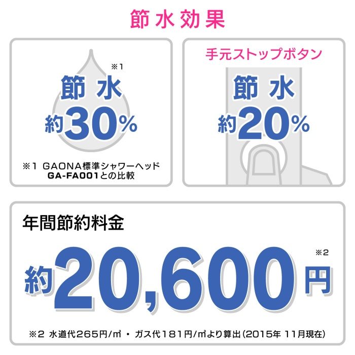 GA-FC012 GAONA シャワーヘッド クリア ストップ （節水30％ 低水圧対応 日本製）