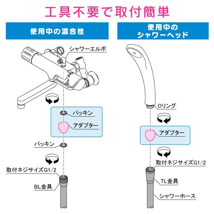 GA-FK066 GAONA これカモ シャワーホース 取替用 1.2ｍ （アダプター付 ほとんどのメーカーに対応） シルバー