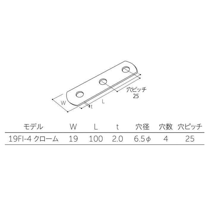 鉄 ジョイント金具 19型フラット 19FI-4 クロームメッキ