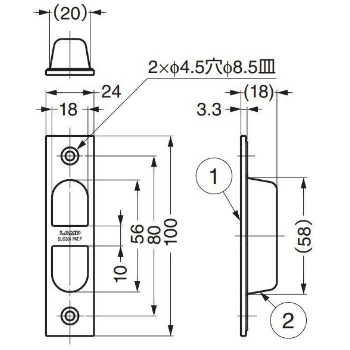 ランプ印ステンレス鋼製引戸木口埋込引手YK-W100 YK-W100 100-010-391