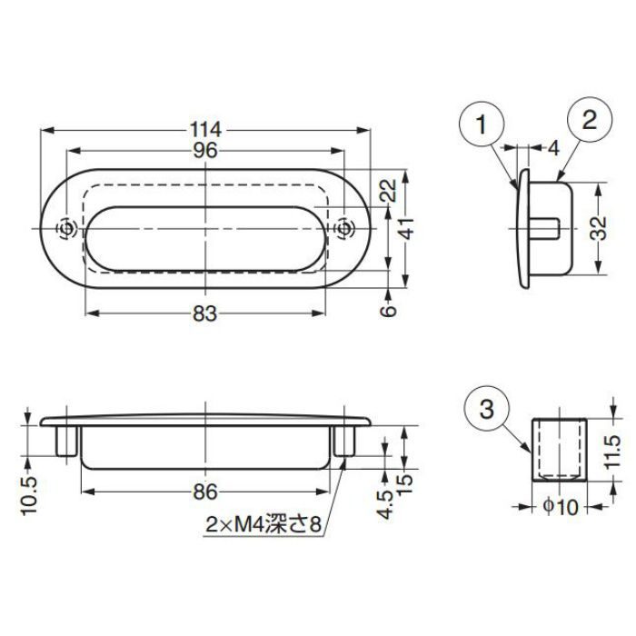 ランプ印ステンレス鋼(SUS316相当品)製埋込取手HH-DS型 HH-DS114S 100-010-586