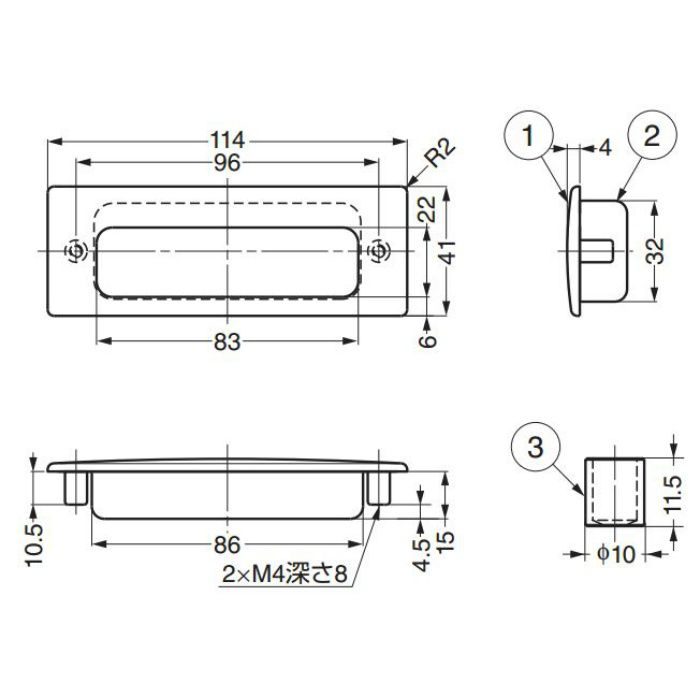 ランプ印ステンレス鋼(SUS316相当品)製埋込取手HH-KS型 HH-KS114M 100-010-583