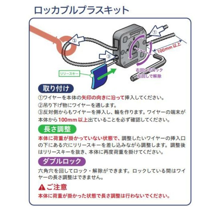 ロッカブルプラスキット（ステンレスワイヤー） 吊り下げ用ワイヤー 線径2mm×長さ2m 1セット×2個（2セット）