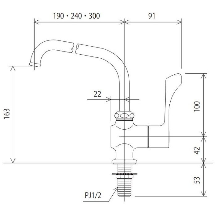 K1802R2 ワンタッチハンドル付立形自在水栓 240mmパイプ付
