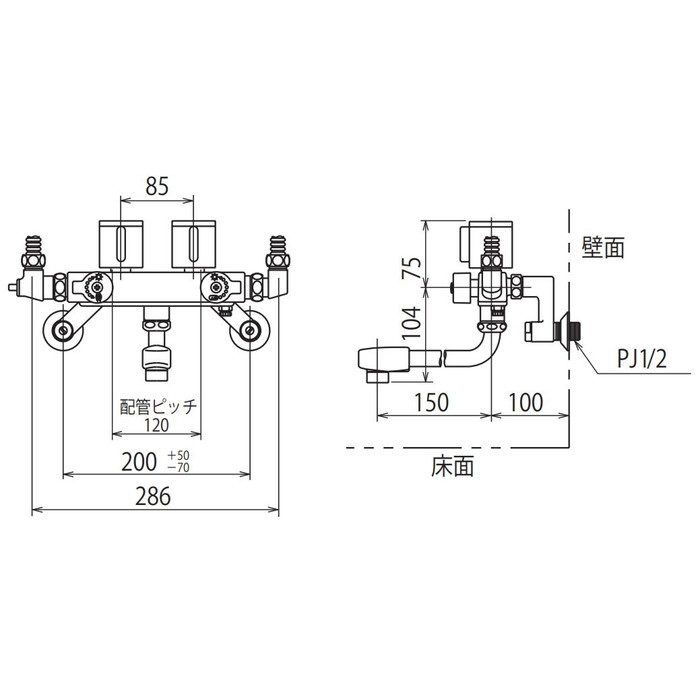 KM53N3 ソーラー2ハンドル混合栓（併用形） 150mmパイプ付 KVK【アウン