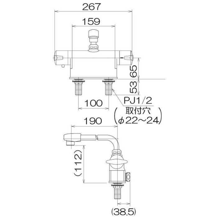 KM771 デッキ形サーモスタット式混合栓（取付ピッチ100mm） 190mmパイプ付